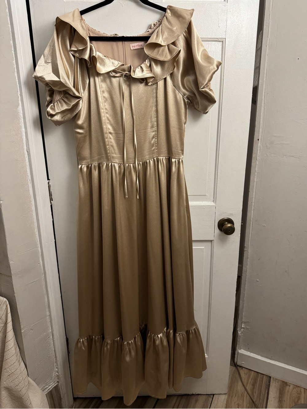 Ivy City Co Gold Satin Ruffle-Trim Maxi Dress - Picture 3 of 14
